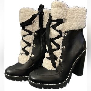 BCBGeneration Women’s chunky heel combat boot with faux Sherpa, Black size 8.5